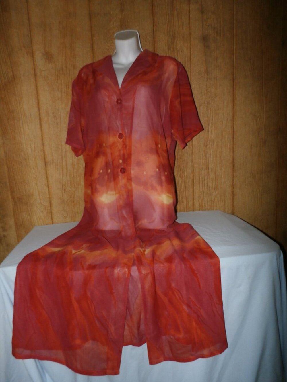 Vintage 80s Nancy-K Sheer Cover Up | Red- Pink-Orange Resort Beach XL- New